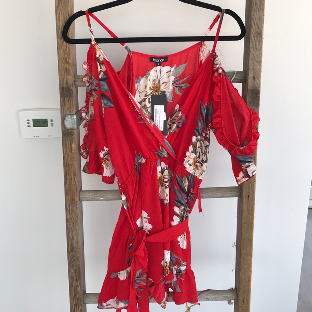 Boohoo red romper! New with tags. Never been worn.